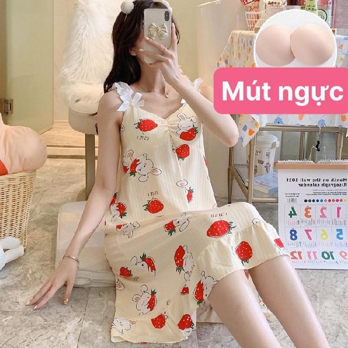 Váy Ngủ Nữ 2 dây quai ren đính nơ dáng suông họa tiết xinh xắn_ Đầm ngủ 2 dây chất thun sữa có mút ngực V292