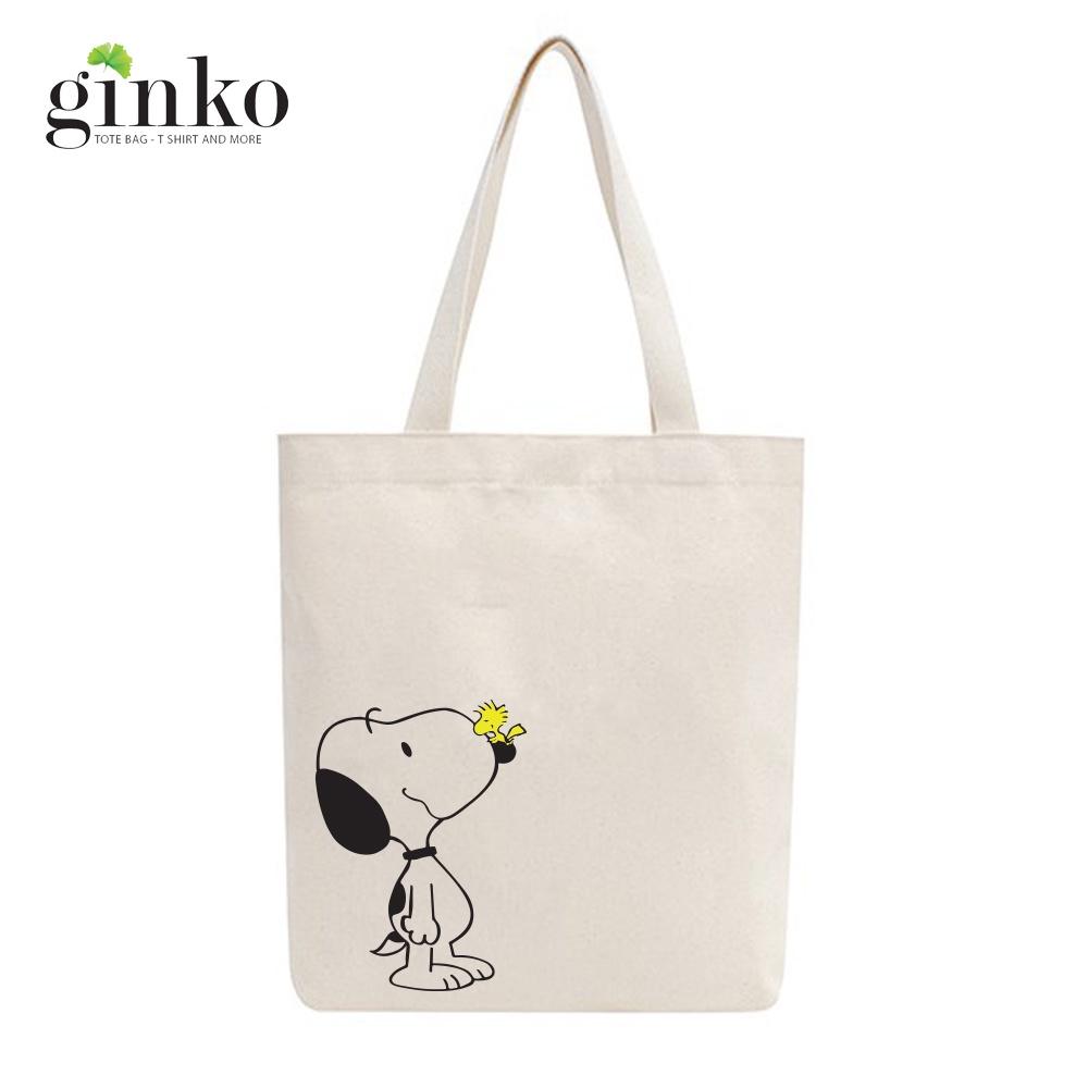 Túi tote vải mộc GINKO basic có dây kéo khóa miệng túi đựng vừa laptop 14 inch và nhiều đồ dùng khác in hình Snoopy and Friends M106