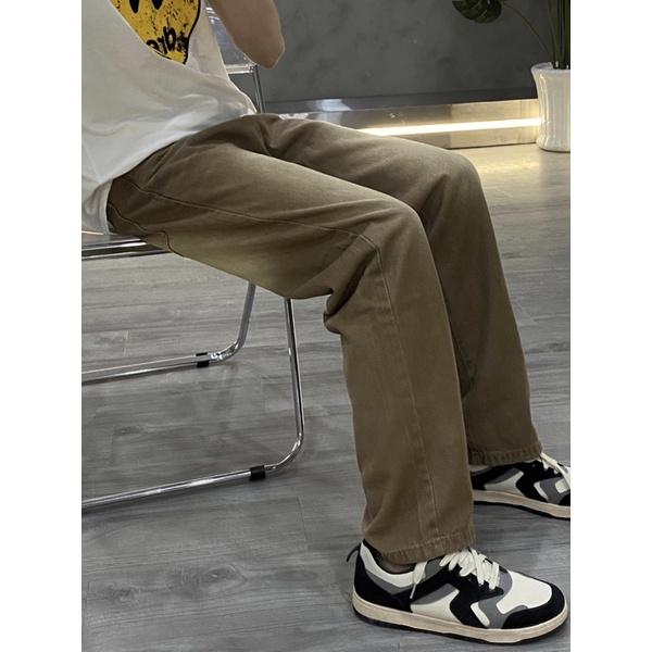 Quần jeans ống rộng jean nam nâu phối loang trắng