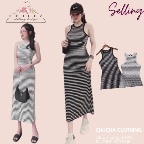 Free Ship- Đầm body ba lỗ sọc ngang dáng dài maxi/ Đầm body maxi Nữ chất Thun gân dày dặn CHUCHACLOTHING