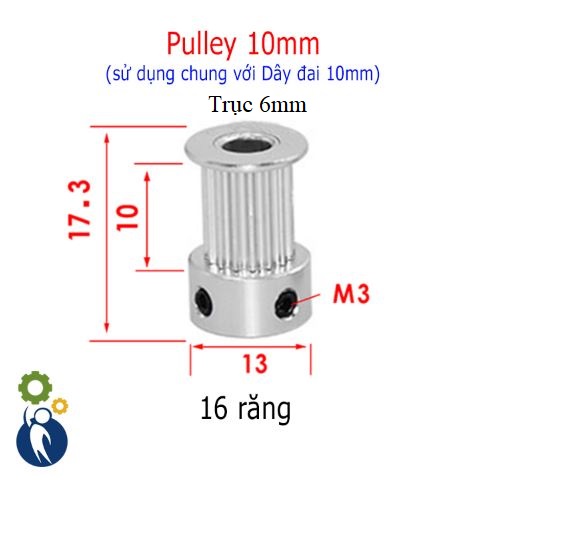 Buly, Puly, Pulley Trục 6mm - 16 Răng Đai 10, sử dụng với dây đai 2GT-10mm