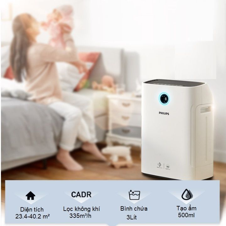 Máy lọc không khí 2 trong 1 cao cấp nhãn hiệu Philips Series 3000 AC2726/00 kèm chức năng tạo độ ẩm, loại bỏ 99,97% các chất ô nhiễm trong không khí, diện tích làm sạch 40m2