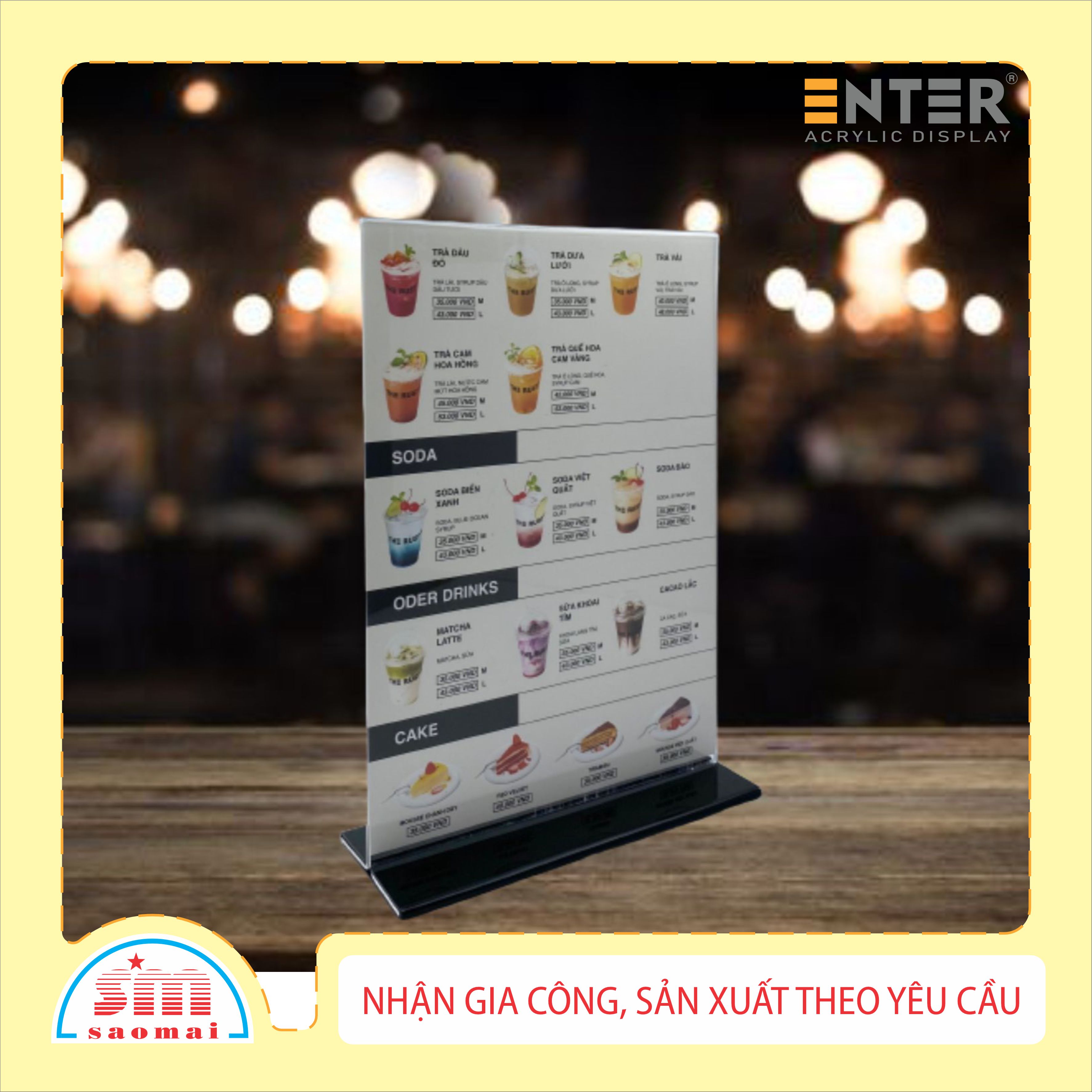 Kệ mica 2 mặt Enter E06-U LR 210x300mm đế lùa uốn bằng