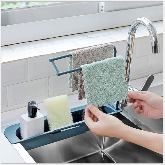 Gía khay đựng bát đĩa hoa quả có thể co giãn được đặt trên bồn rửa bát tiện lợi
