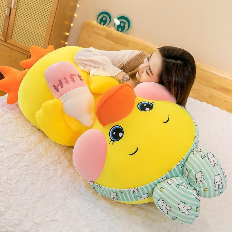 Gấu Bông Vịt Má Hồng, Đội nơ Ôm Bình Sữa Cute kt 45-100cm