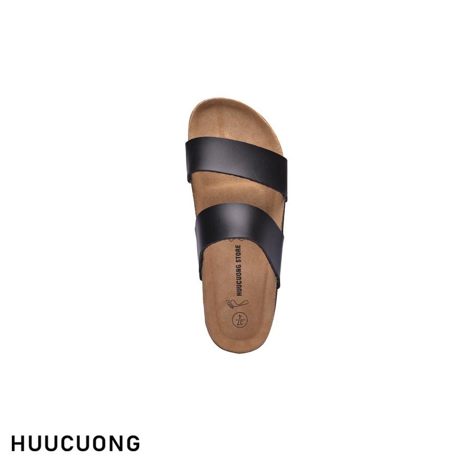 Dép unisex HuuCuong 2 quai pu đen đế trấu