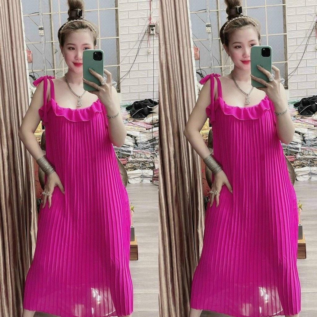 Đầm Suông nữ 2 Dây Dập Ly Phối Bèo Hai Dây Cột Nơ Nhiều Màu phong cách sang chảnh quyến rũ BK