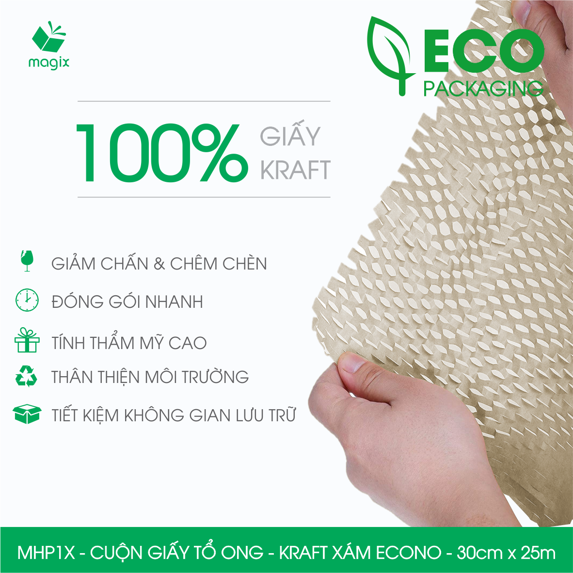 MHP1X - 30cm x 25m - Cuộn giấy tổ ong chống sốc - Kraft xám Siêu Tiết Kiệm ECONO