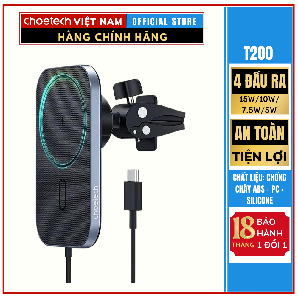 Giá đỡ điện thoại kiêm đế sạc không dây Mag-safe 15w gắn khe gió trên ô tô Choetech T200-F