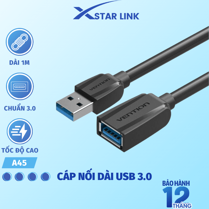 Cáp nối dài USB 3.0 Vention VAS-A45-B màu đen - Hàng chính hãng