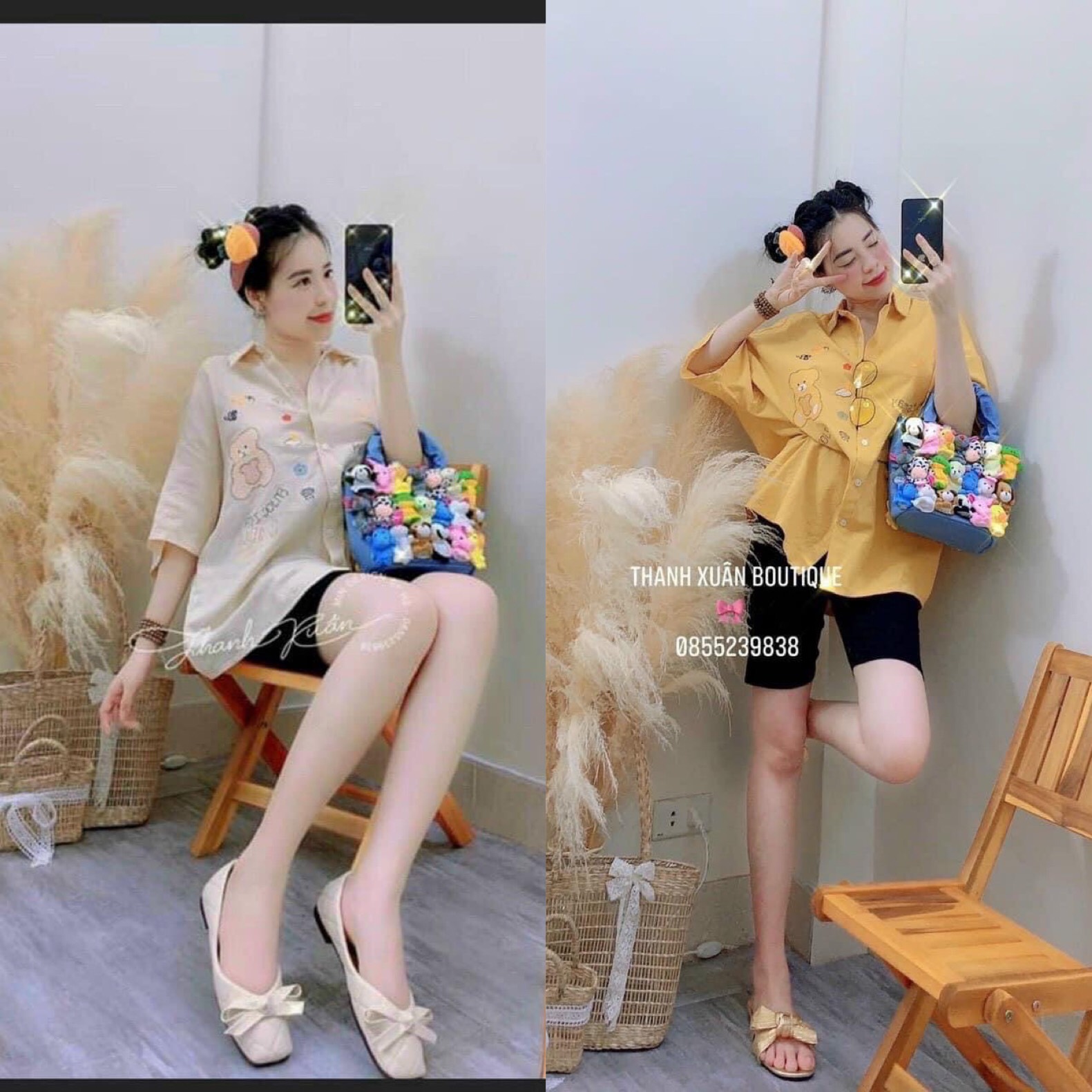 Set Bộ Đồ Nữ Áo Sơ Mi Gấu Phối Quần Legging Ngố Thun siêu xinh chất kate lụa 3 màu freesize dưới 62kg GV Shop