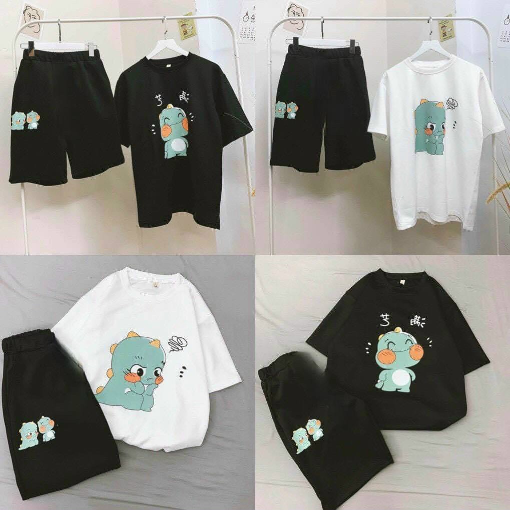 Đồ bộ nữ Unisex in hình khủng long nhỏ, set bộ gồm áo thun nữ form rộng tay lỡ Unisex kèm quần short cartoon, Đồ Bộ Hoạt Hình Unisex chú vịt, Set Cartoon, đồ bộ hoạt hình khủng long đang suy nghĩ Nam Nữ Đều Mặc Được