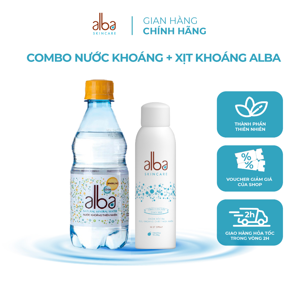 Combo Thùng 24 chai nước khoáng thiên nhiên có ga Alba 350ml + Xịt khoáng Alba Skin Care dành cho da khô 150ml