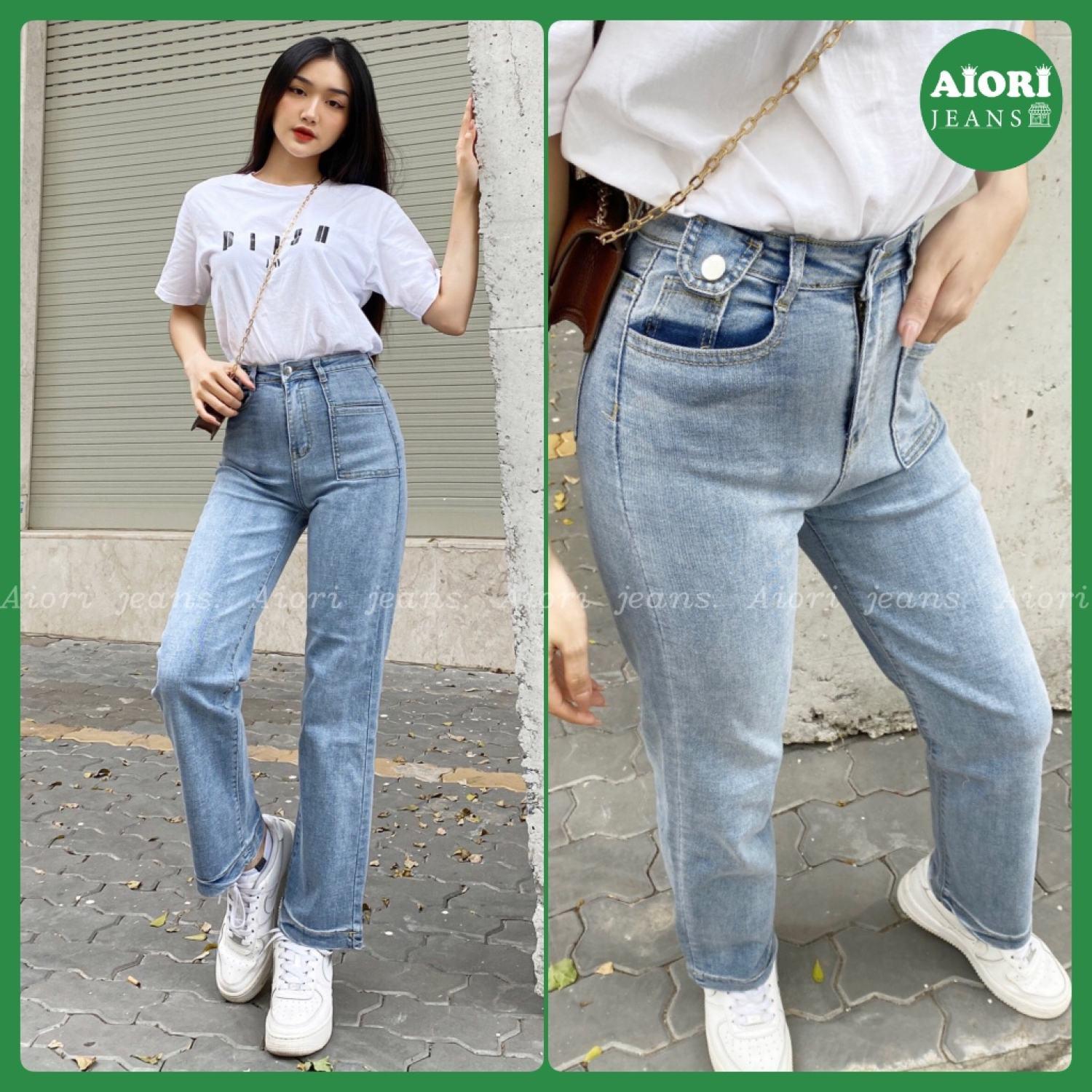 Quần Jeans Nữ AIORI Ống Suông Đứng Nắp Túi Dáng dài chất bò jean cao cấp co giãn mềm mịn thời trang 4 mùa Mã E002 - Xanh Đậm, Xanh Đậm