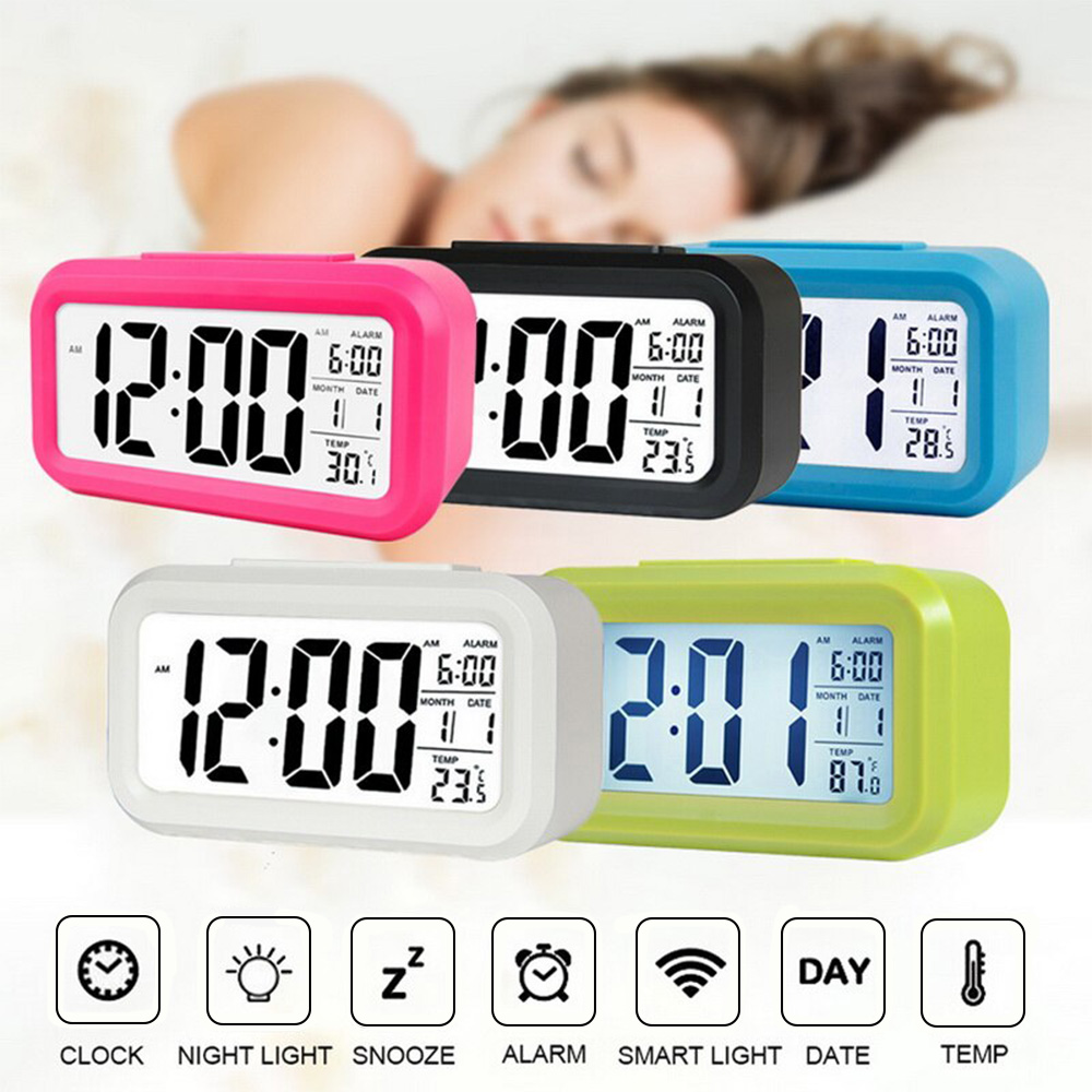 CHH1019 Đồng hồ báo thức kỹ thuật số thông minh có nút Báo lại ngày và nhiệt độ ở trên cùng Đồng hồ để bàn hình chữ nhật chạy bằng pin