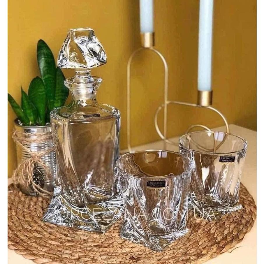 Bộ Bình Rượu Kèm 6 Cốc Pha Lê Bohemia Quadro, Bộ Bình Ly Uống Whisky, Rượu Mạnh, Nhập Đức