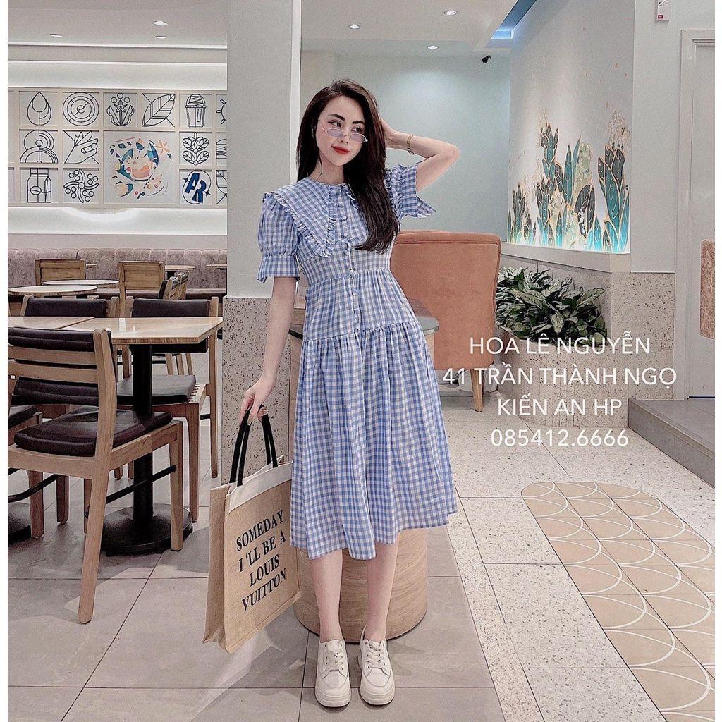Đầm Nữ Caro Xanh Cộc Tay Khuy Cài Dáng Xòe năng động đi làm, đi chơi, du lịch hay đi dạo đều hợp Q087