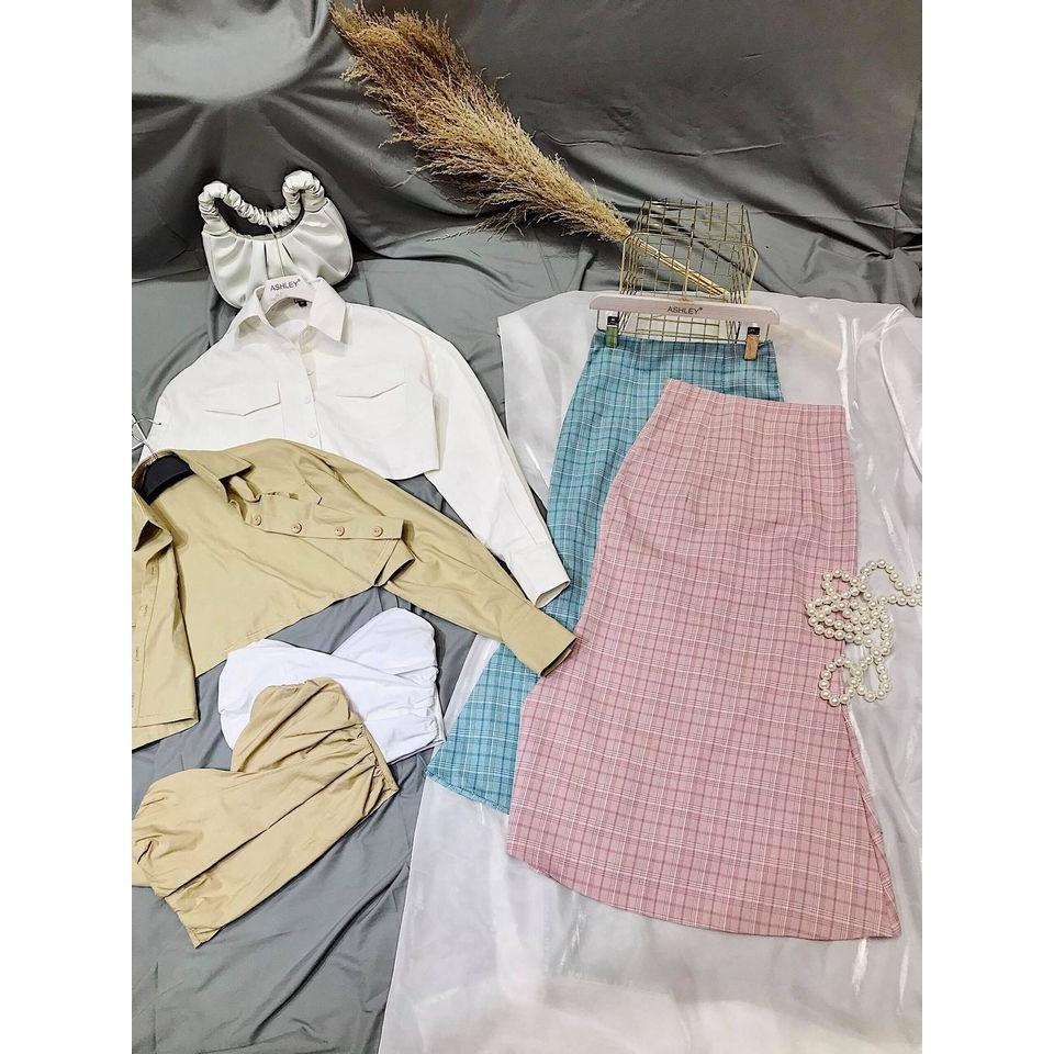 SET ÁO CÚP NGỰC SƠ MI CROPTOP KHOÁC NGOÀI KÈM CHÂN VÁY KẺ