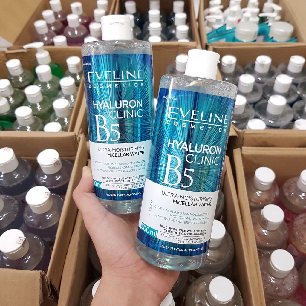 Nước tẩy trang Eveline Hyaluron Clinic B5 và tinh chất rau má 3 in 1 500ML