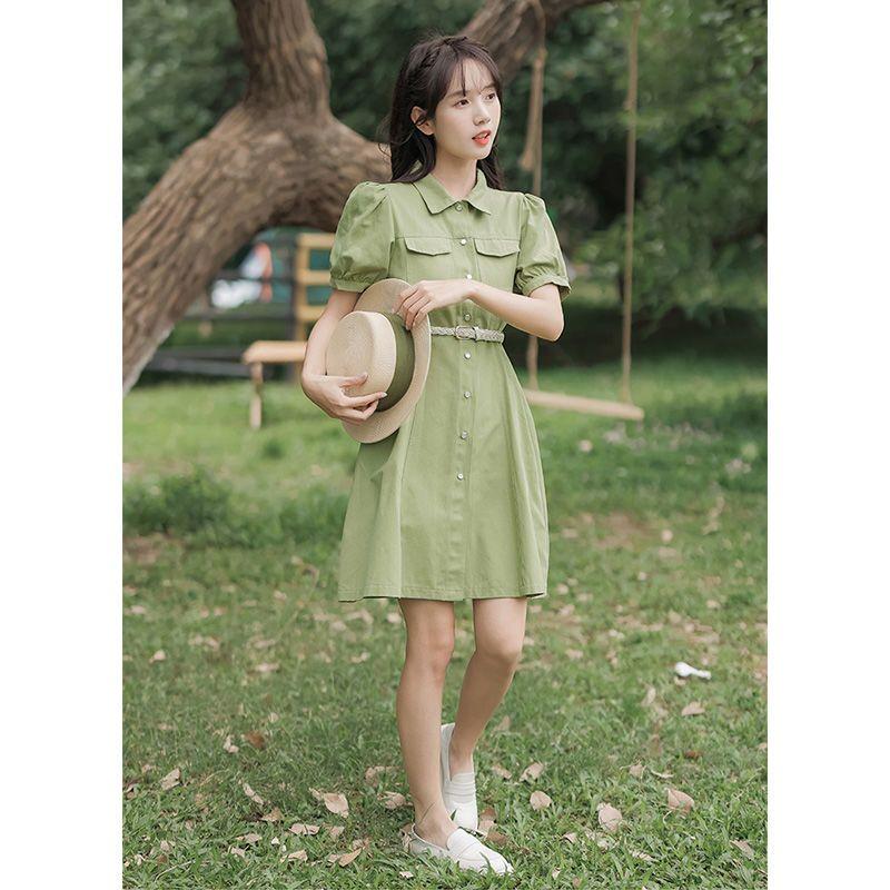 CHENGRUI Tặng thắt lưng, váy ngắn tay, váy ngắn tay, váy mùa hè, váy thắt lưng.