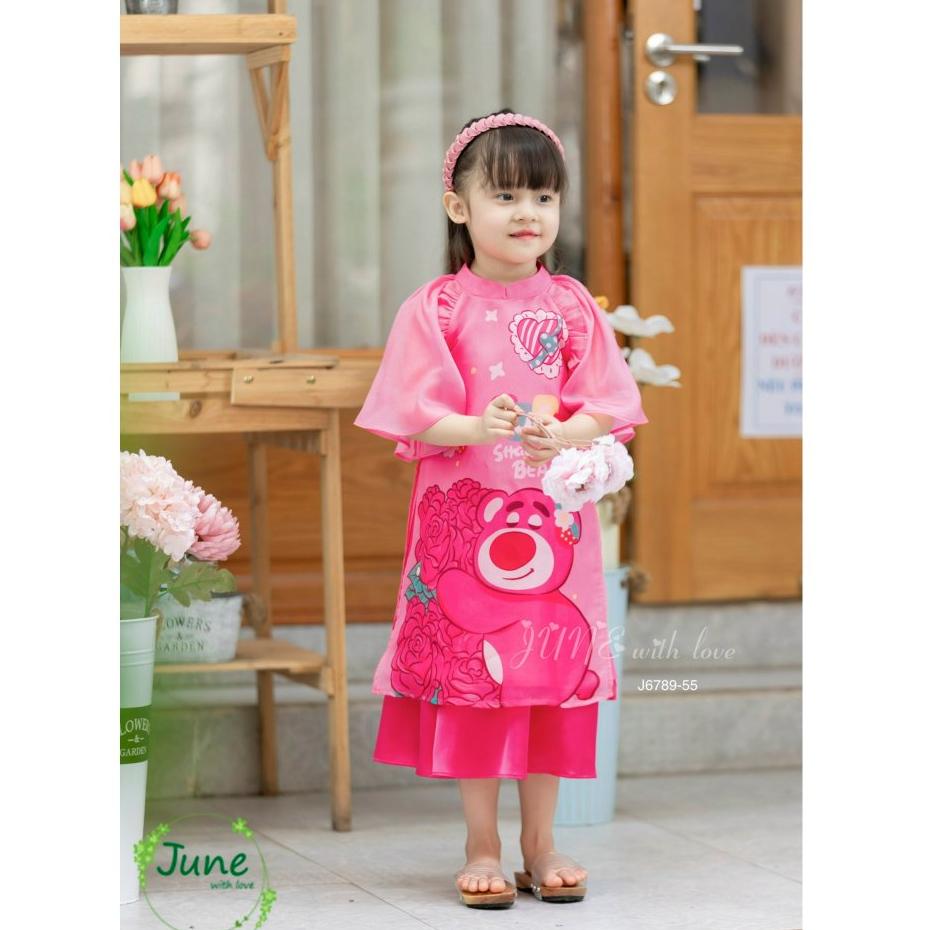 Áo dài cách tân bé gái, Set áo dài tết cho bé 1-10 tuổi hình Gấu dâu vải tơ hàng thiết kế điệu đà thời trang - hồng đỏ