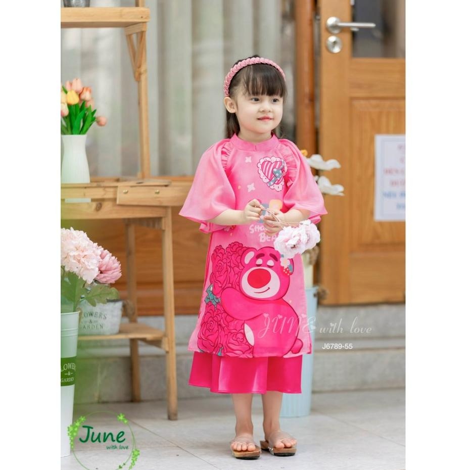 Áo dài cách tân bé gái, Set áo dài tết cho bé 1-10 tuổi hình Gấu dâu vải tơ hàng thiết kế điệu đà thời trang