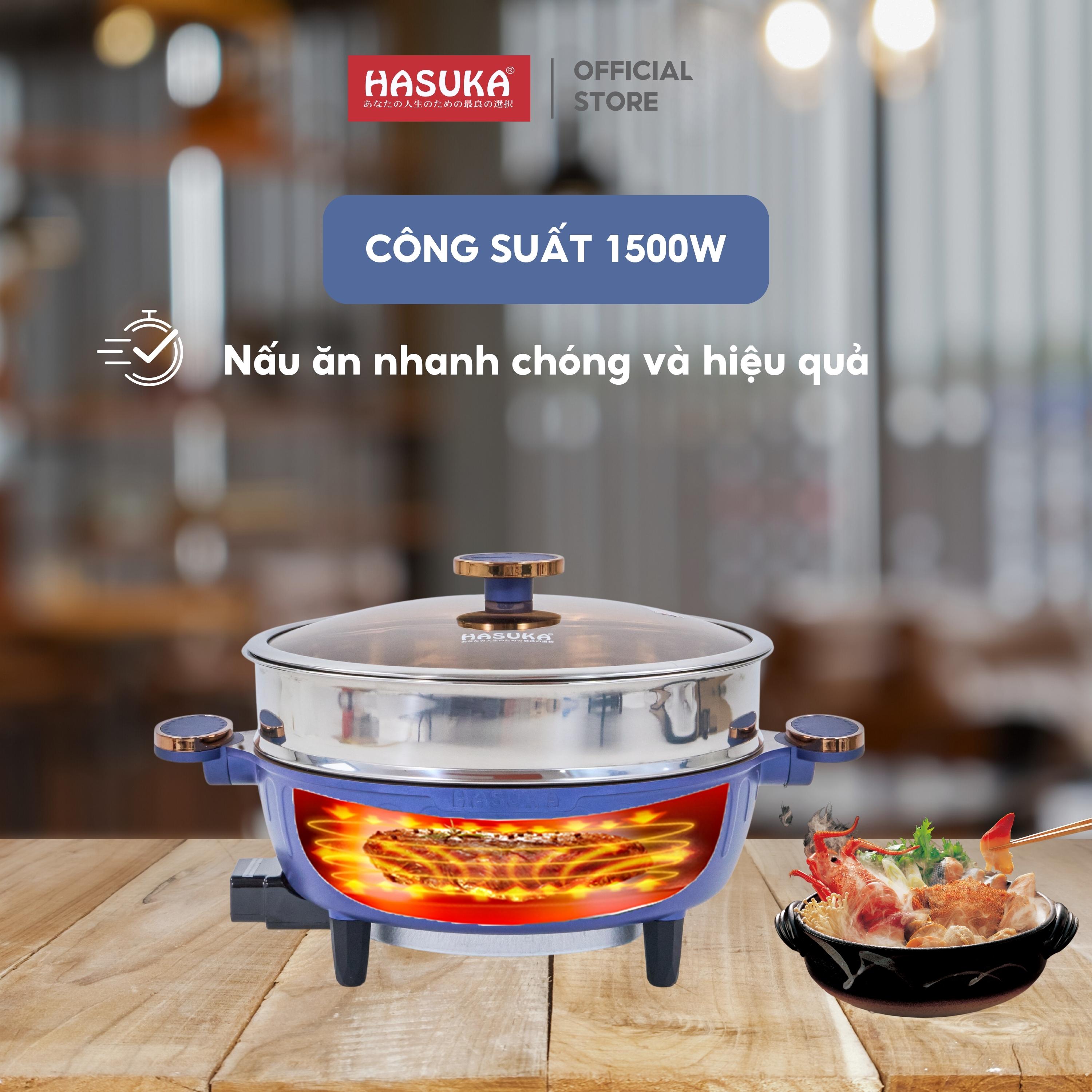 Lẩu điện đa năng HASUKA HSK-356L dung tích 6L, công suất 1500W- Vung kính chịu nhiệt, lòng nồi chống dính an toàn - HÀNG CHÍNH HÃNG