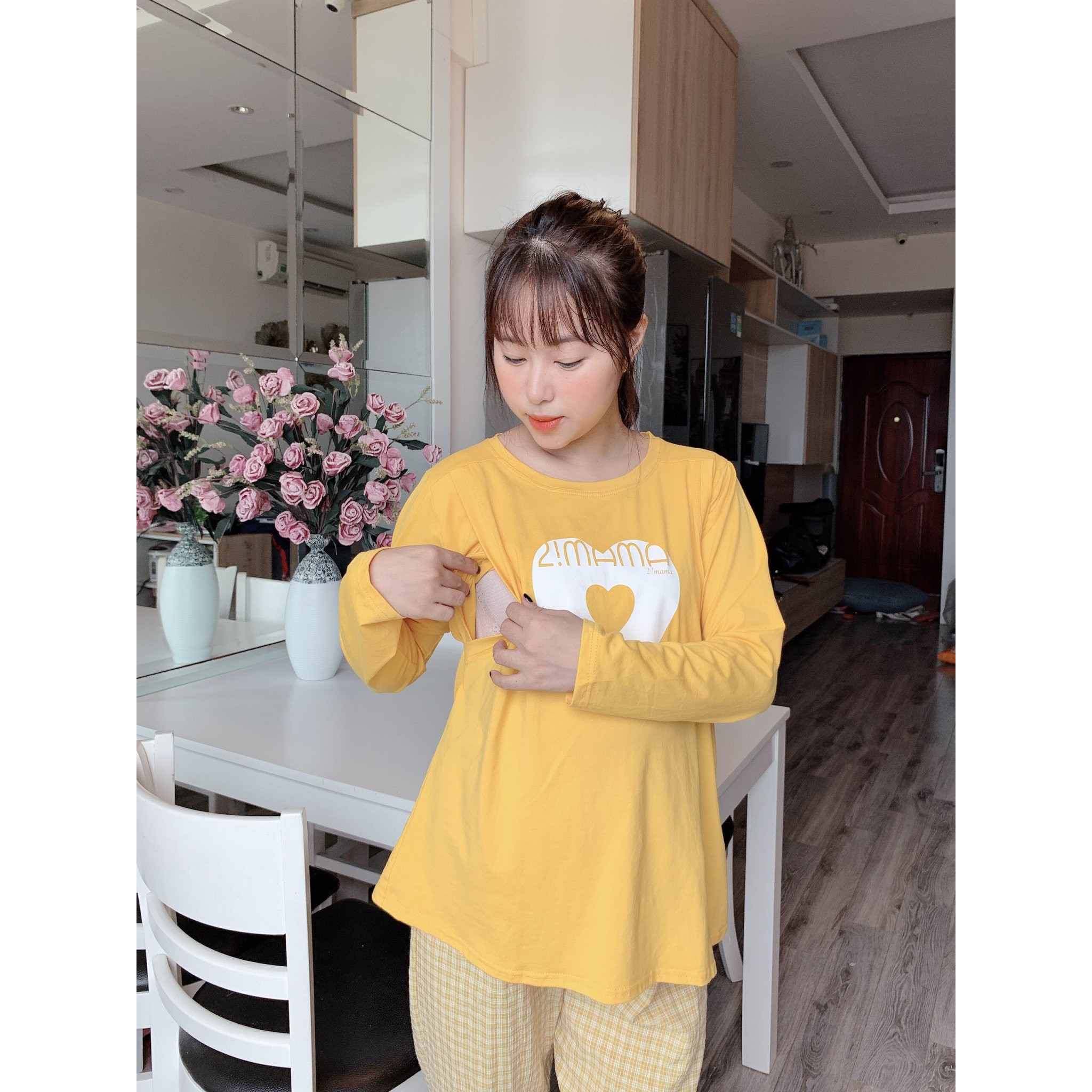 Bộ Đồ Dài Cho Mẹ Bầu Sau Sinh Kẻ Caro Đẹp MaMa - Free size - Mầu vàng