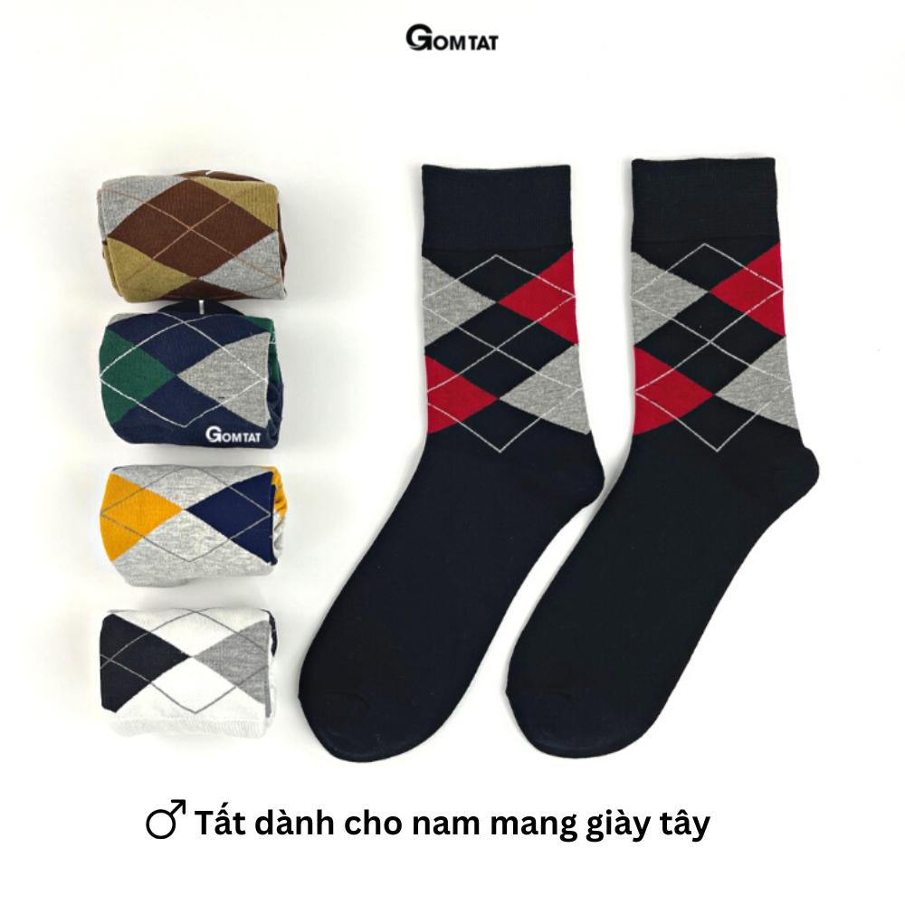 Hộp 5 đôi tất vớ nam công sở đi giày tây cổ cao, họa tiết quả trám, chất liệu cotton cao cấp - GOM-QUATRAM-CB5