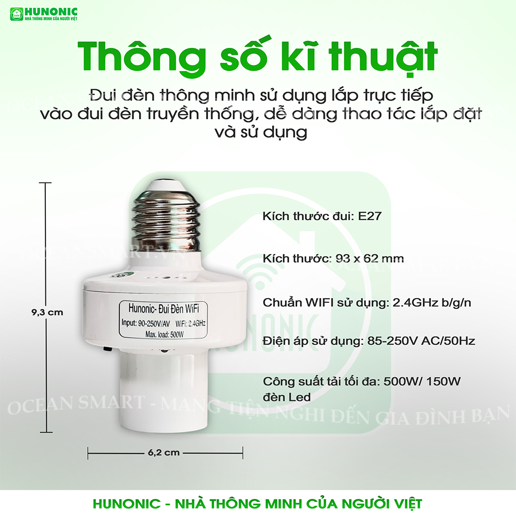 Đui Đèn Wifi Hunonic, Đui Đèn Hẹn Giờ, Điều Khiển Bằng Điện Thoại - HNSPWF
