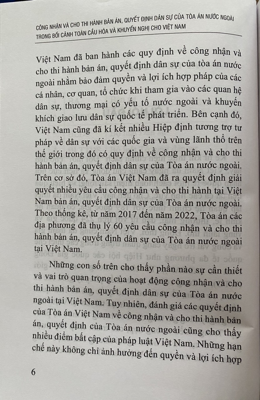 Công nhận và cho thi hành bản án, quyết định dân sự của Tòa án nước ngoài trong bối cảnh toàn cầu hóa và khuyến nghị cho Việt Nam