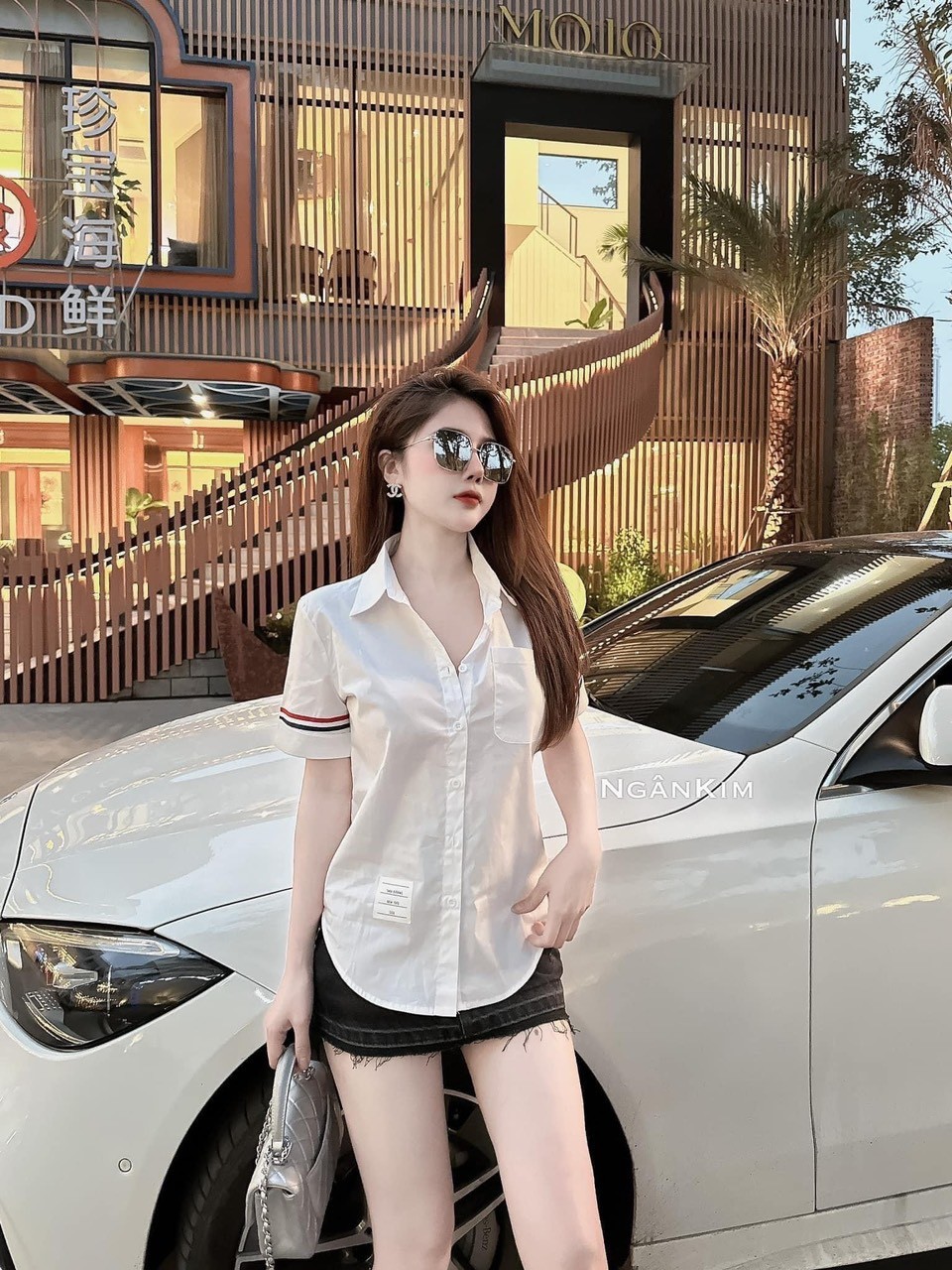 Áo sơ mi trắng cộc tay phối sọc nữ ATN859
