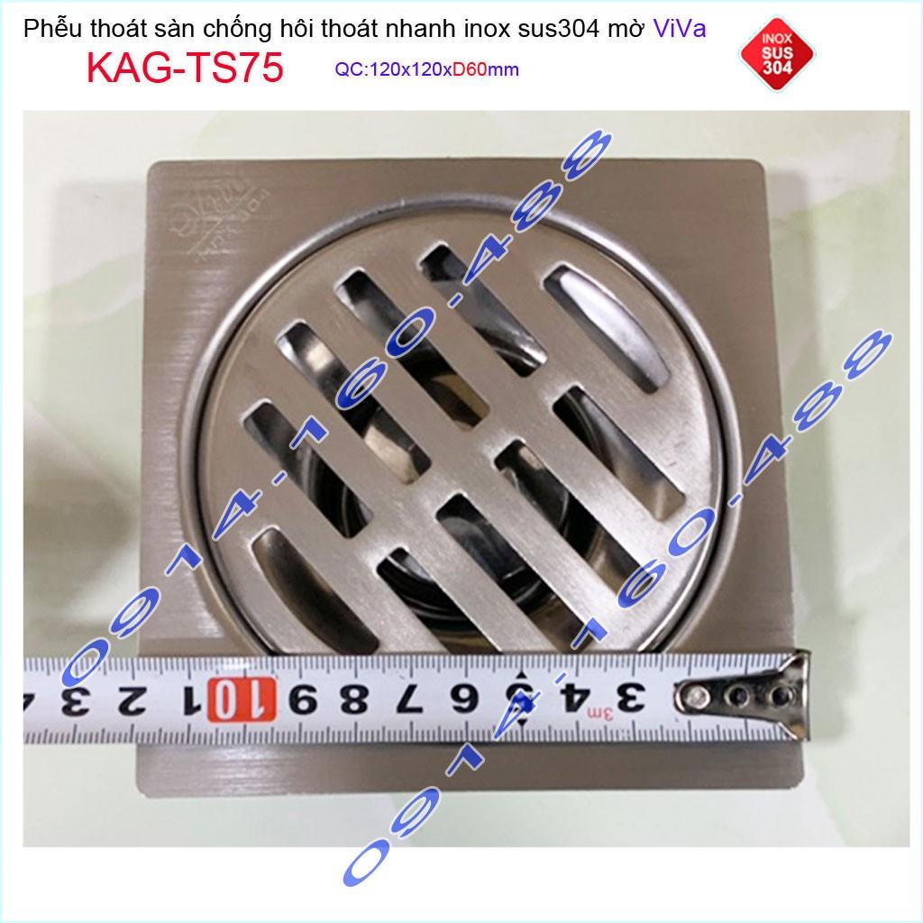 Phễu thoát sàn Viva KAG-TS75 12x12cm D60, phễu thoát sàn SUS304 đúc liền khối sales 40%, hố ga chống hôi inox 304 dày 1.