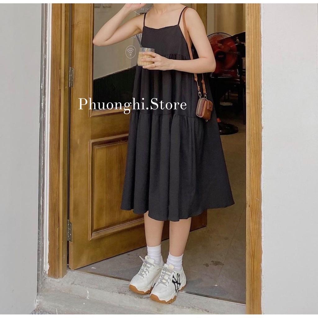 Váy, Đầm Maxi Đen Nữ 2 Dây Bún Hở Lưng Màu Đen