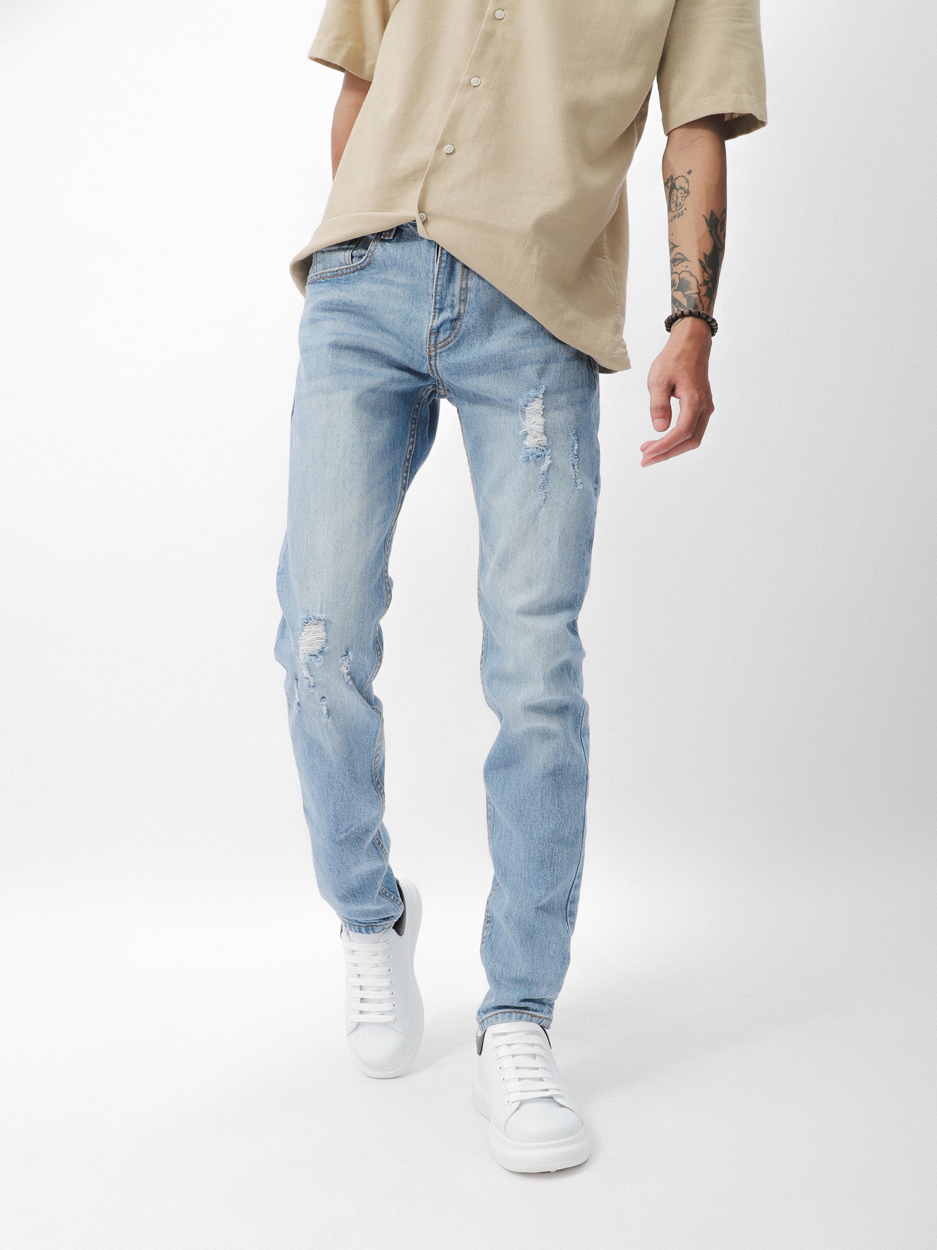 Quần jeans xanh nhạt wash rách DF form slimfit 220701 - Quần jean nam cao cấp | LASTORE MENSWEAR