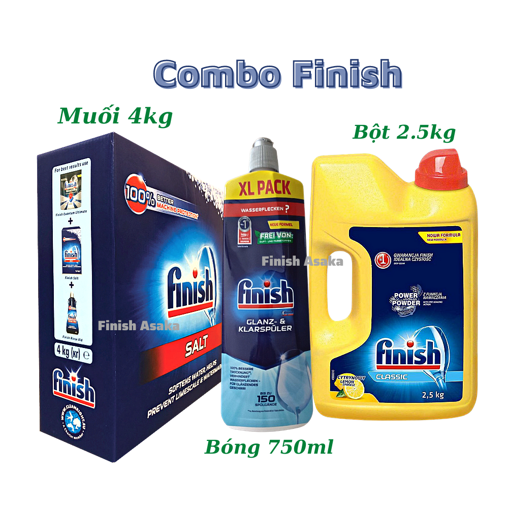 Combo rửa bát Finish: Muối hộp 4kg, Bột Classic can 2,5kg, Nước Làm bóng 750ml - Chính Hãng.