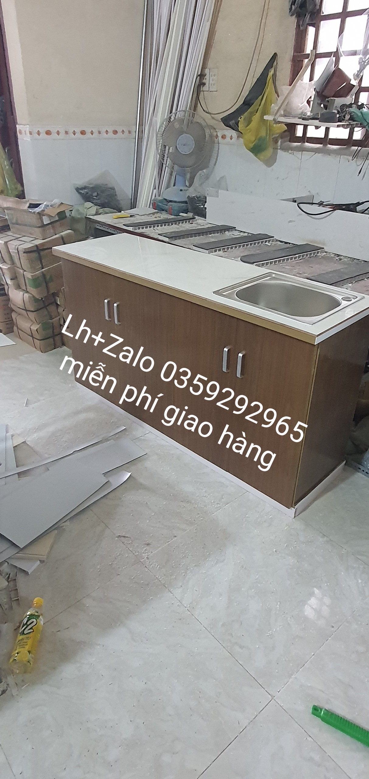 Tủ bếp mini nhựa đài Loan Mặt gạch có chậu rửa