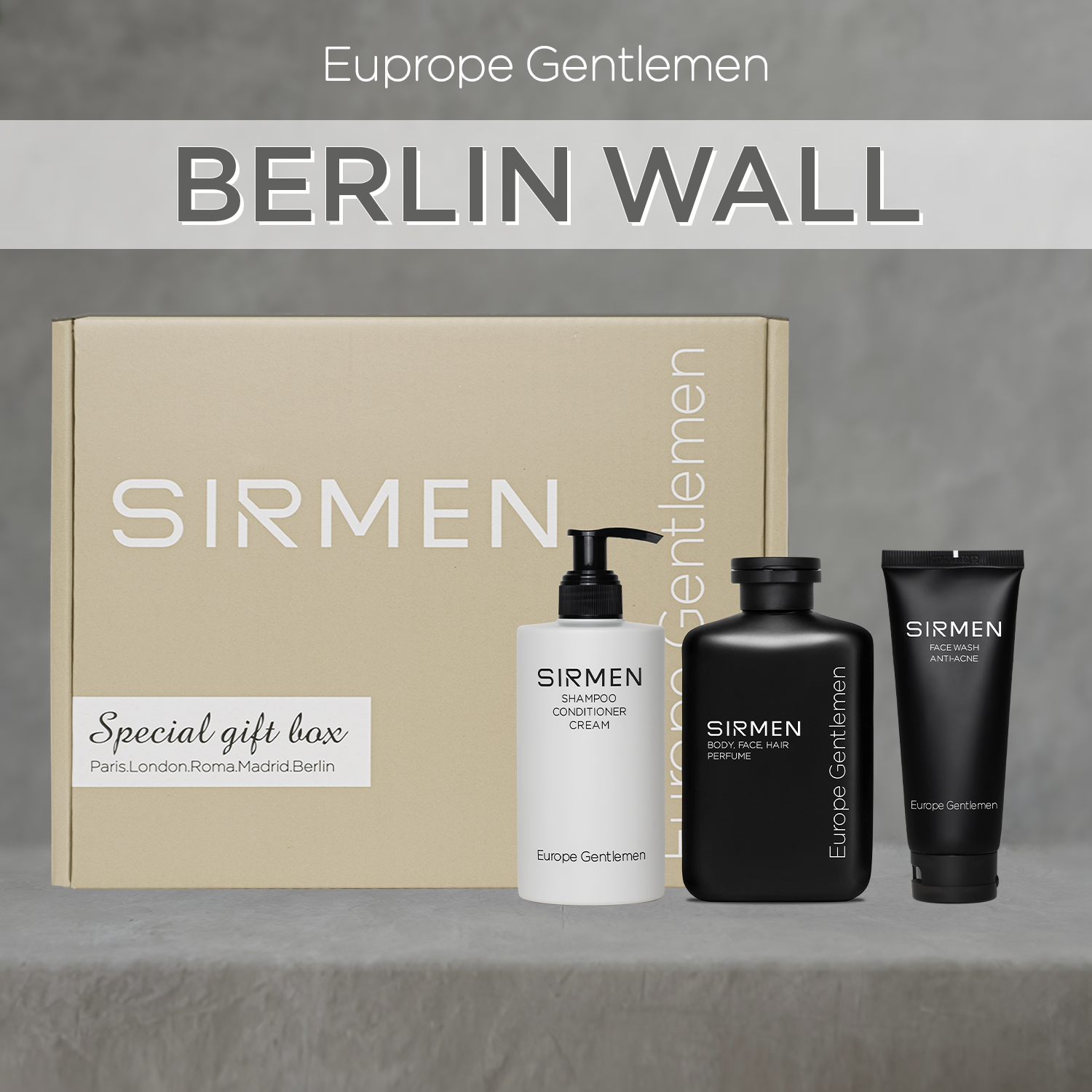 GIFTBOX combo 3 - Berlin Wall Sữa tắm gội nam 4 in 1 - Dầu gội xả dưỡng nam 3 in 1 và Sữa rửa mặt nam 2 in 1 SIRMEN