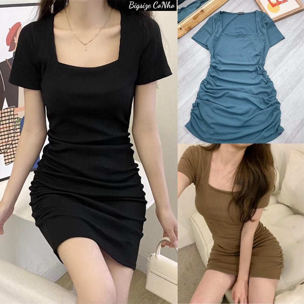 Váy đầm bigsize cổ vuông tay ngắn dáng dài ôm body chất gân tăm co giãn nữ từ 60-95kg G77