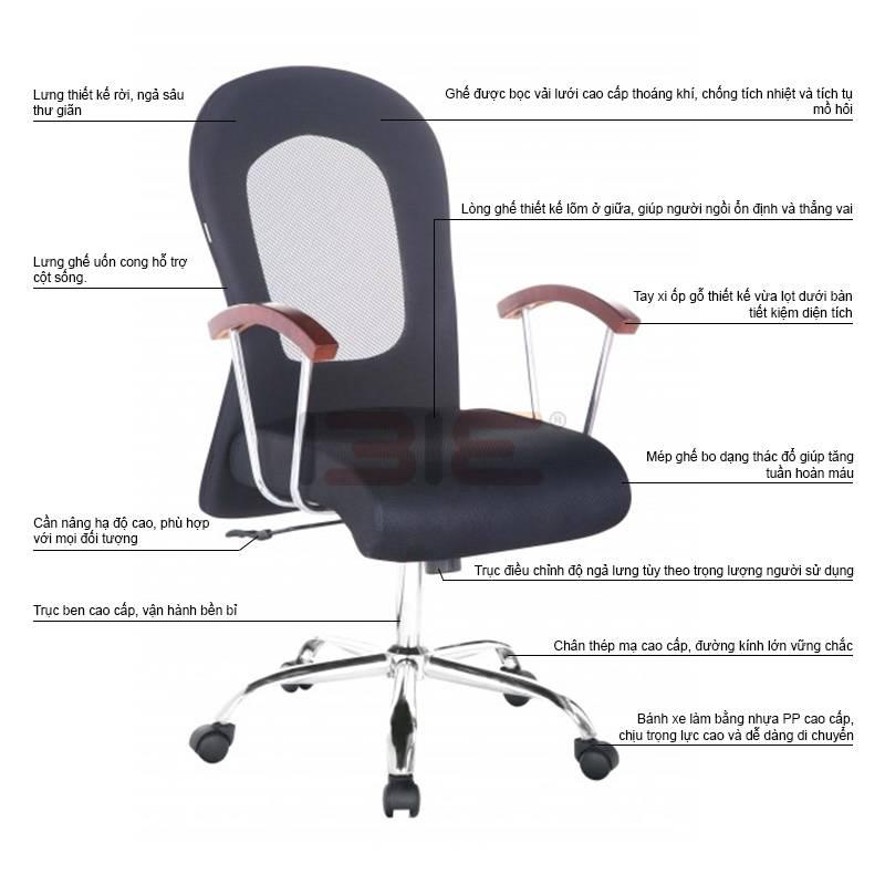 Ghế Trưởng Phòng Lưng Lưới Tay Ốp Gỗ Chân Thép Mạ Cao Cấp IBIE OC338NB - Đen