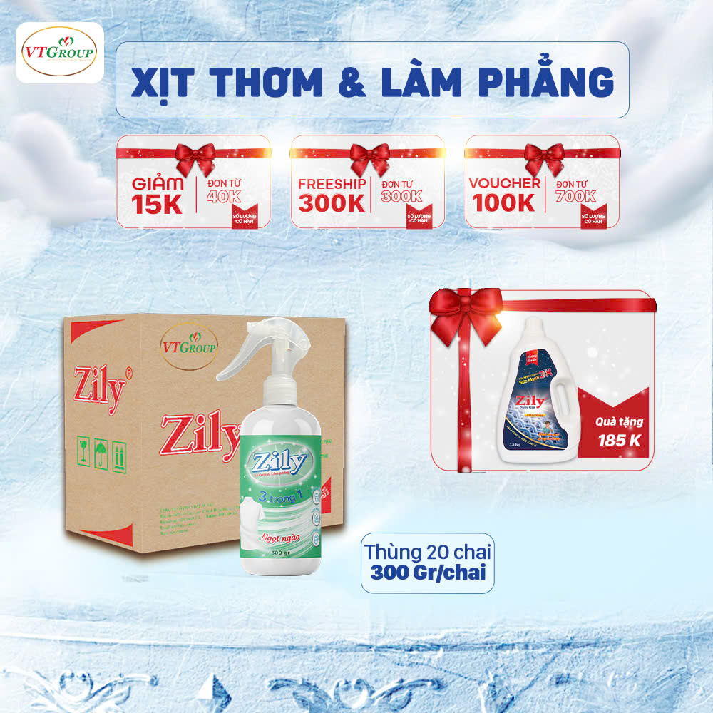 Xịt Thơm &amp; Làm Phẳng Quần Áo Zily 300g ( 20 Chai/Thùng ) - Tặng 1 chai Nước giặt KH Zily 3.8Kg