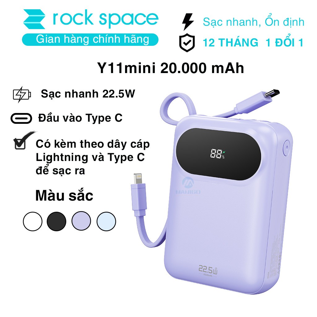 Pin sạc dự phòng Rockspace Y11 sạc nhanh 22.5w dung lượng 20000mAh có tích hợp kèm dây sạc - Hàng chính hãng bảo hành 12 tháng