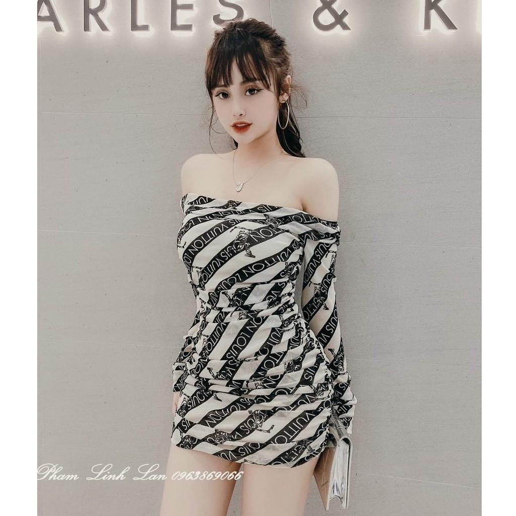 Đầm body trễ vai tay dài hoạ tiết kèm mút