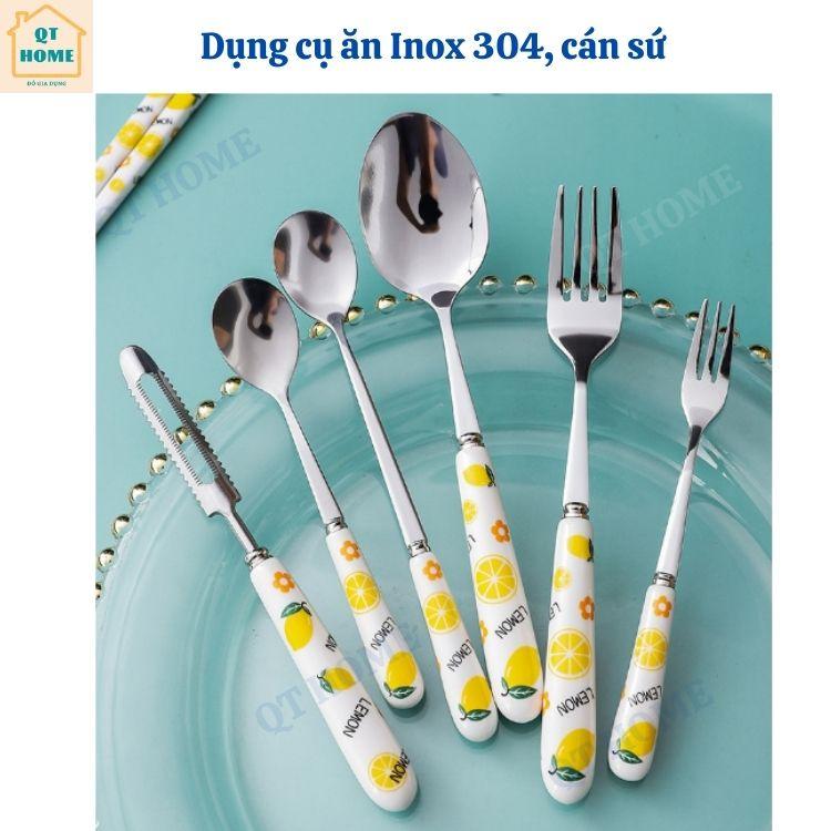 Thìa/ Muỗng, Dĩa/ Nĩa, Dao, Đũa Chất Liệu Inox 304 Cán Sứ Cao Cấp, Họa Tiết Chanh Vàng. Dứa/Thơm