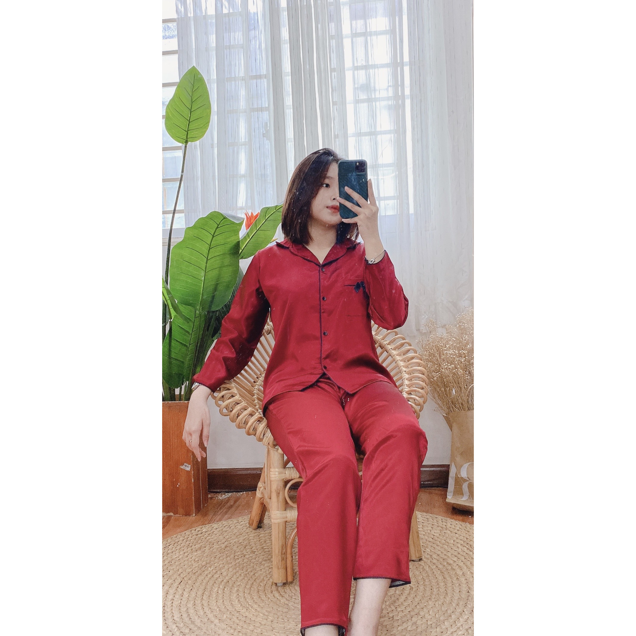 Đồ bộ Pijama mặc nhà Phi Lụa Thái Tay dài Quần dài nơ