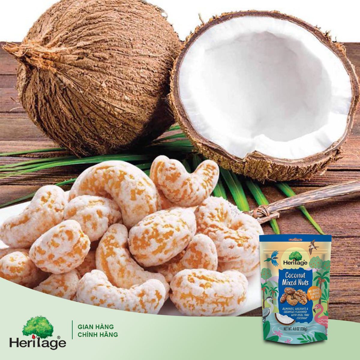 Hạt Hỗn Hợp : Hạnh Nhân, Hạt Điều , Óc Chó tẩm nước cốt dừa HERITAGE- Coconut Mixed Nuts