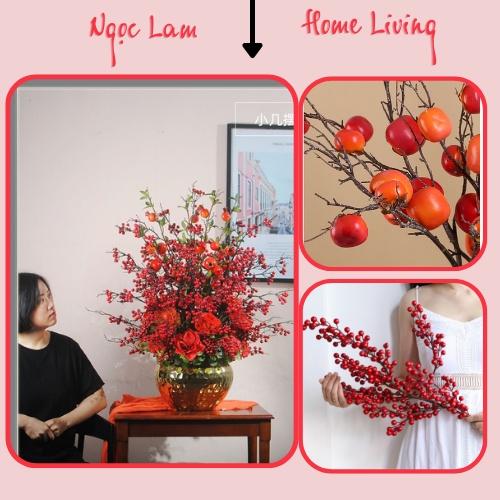Cành quả hồng đỏ 7 quả giả dùng trang trí studio, spa, đại sảnh khách sạn, nhà hàng, phòng khách, phòng ngủ gia đình