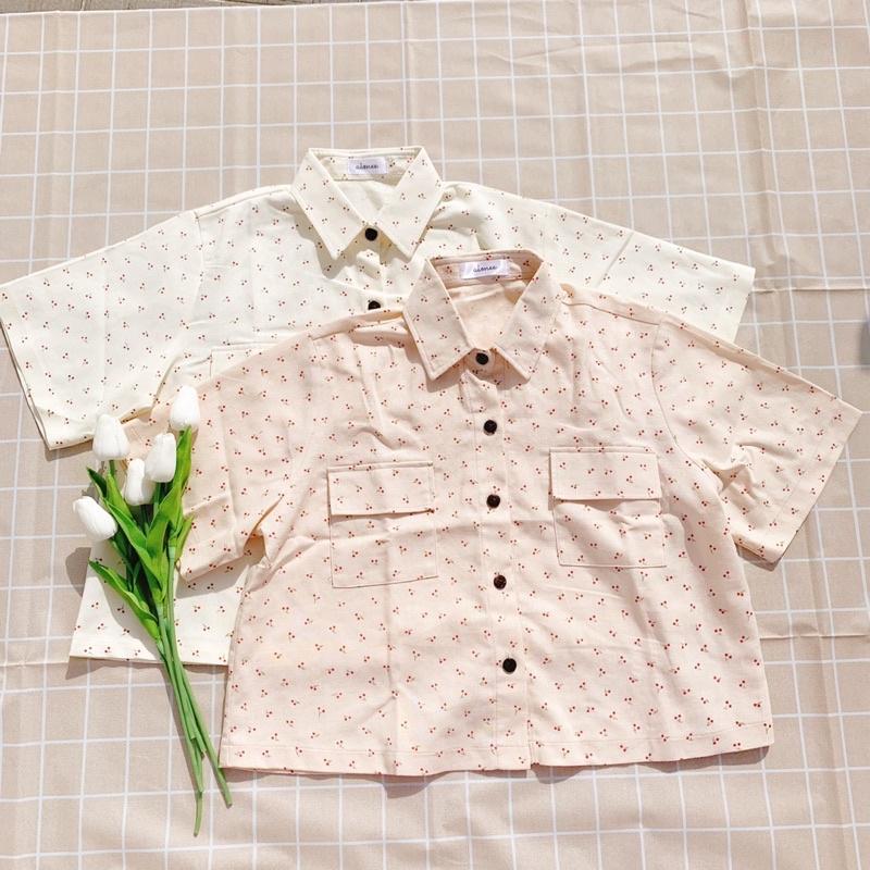 AIMEE_ÁO SƠMI LINEN HOẠ TIẾT CHERRY KEM-HỒNG