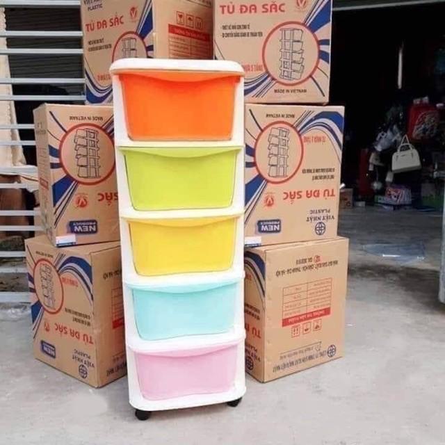 Tủ nhựa đa sắc ngăn kéo 5 tầng có bánh xe hàng