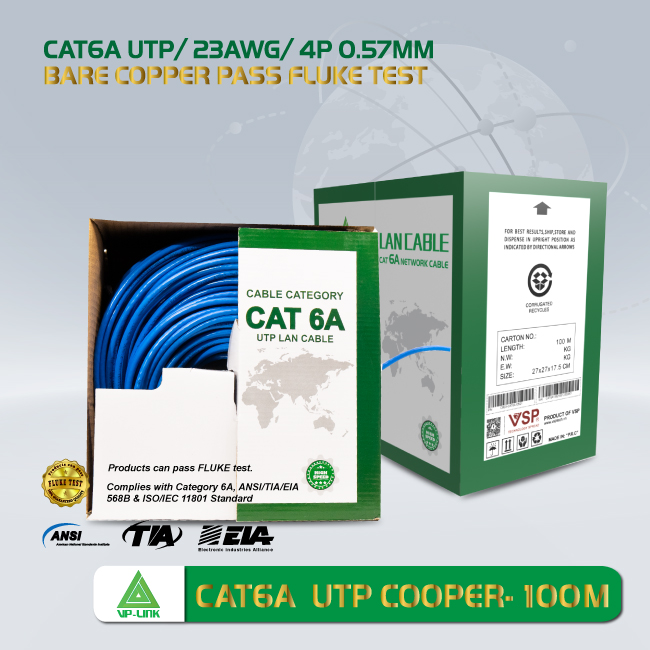 Cáp Mạng VP-LINK Cat 6A UTP 100M/305M Lõi Chữ Thập, Dây Cáp Xanh, Tốc độ đường truyền 10Gbps/90m - Hàng Chính Hãng